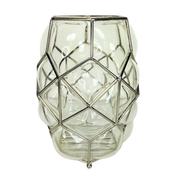 Vintage 30s Art Deco Caged Blown Bubble Glass Footed Vase Lantern Candle Holder - Picture 2 of 12